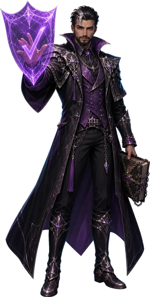 The Nightfall Compliance Warden holding up a shield of light, a chained ledger under his arm