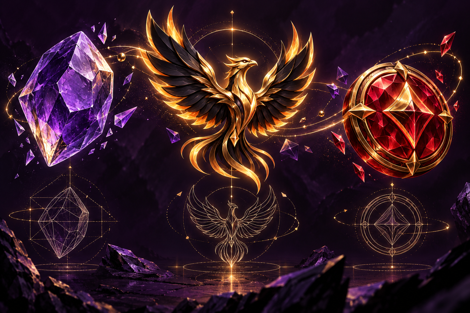 A purple jewel, a golden phoenix and a red rune token above construction wireframes.