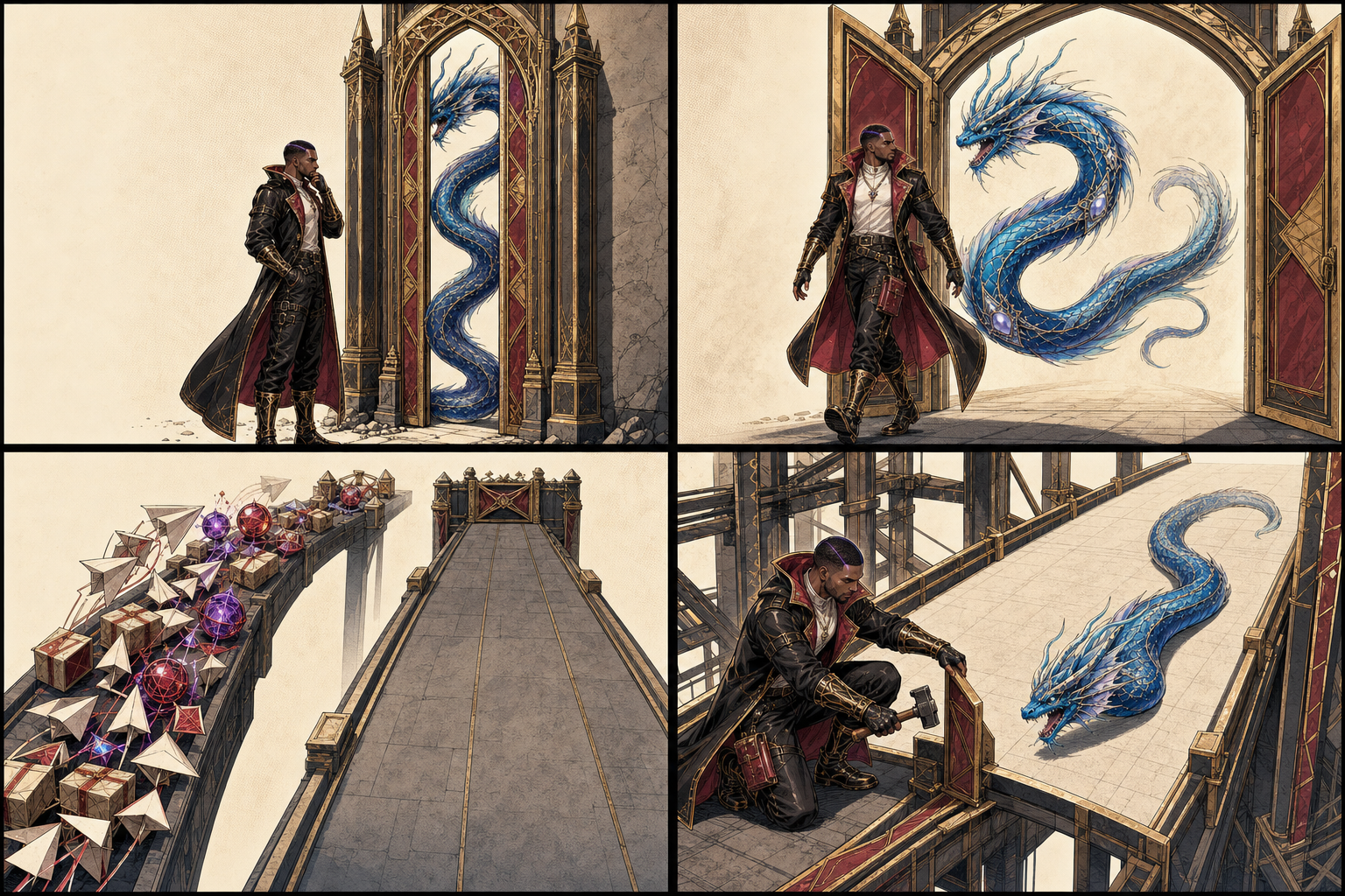 Four-panel comic in which the Rift Brawler and a limbless Ribbon Serpent replace a narrow route with a wider passage and test it while it is built