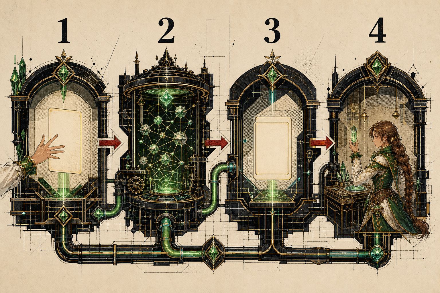 Four numbered chambers carry a human instruction through pattern prediction and a short code draft to human review