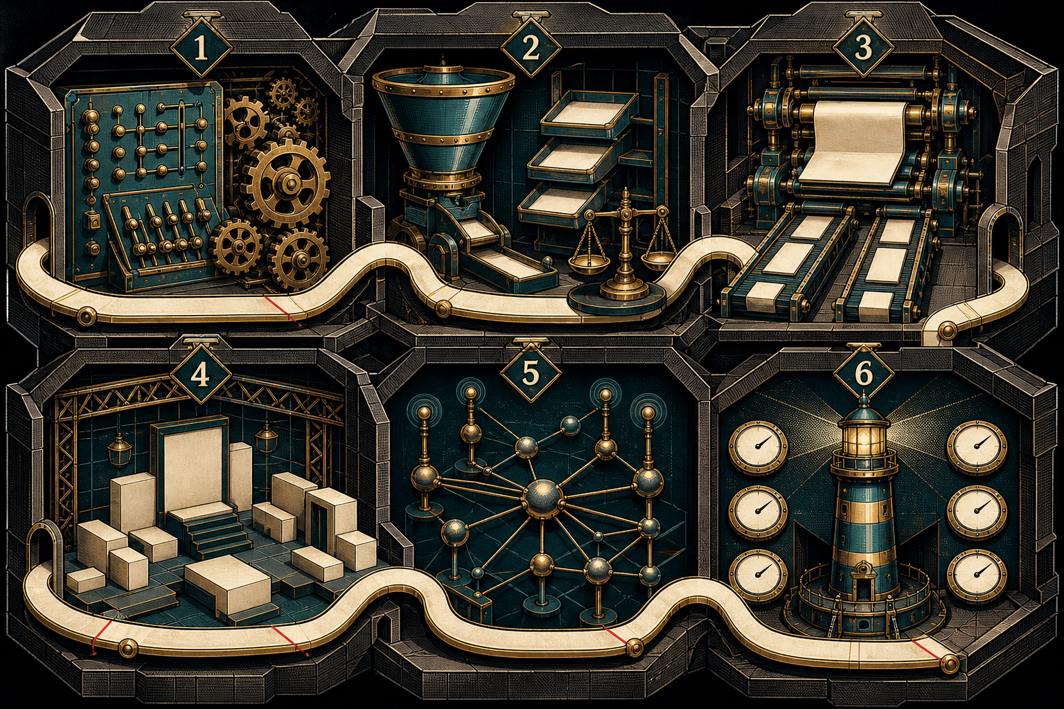 Six numbered rooms connect workflow, lead, email, landing-page, social and analytics instruments in one automation foundry
