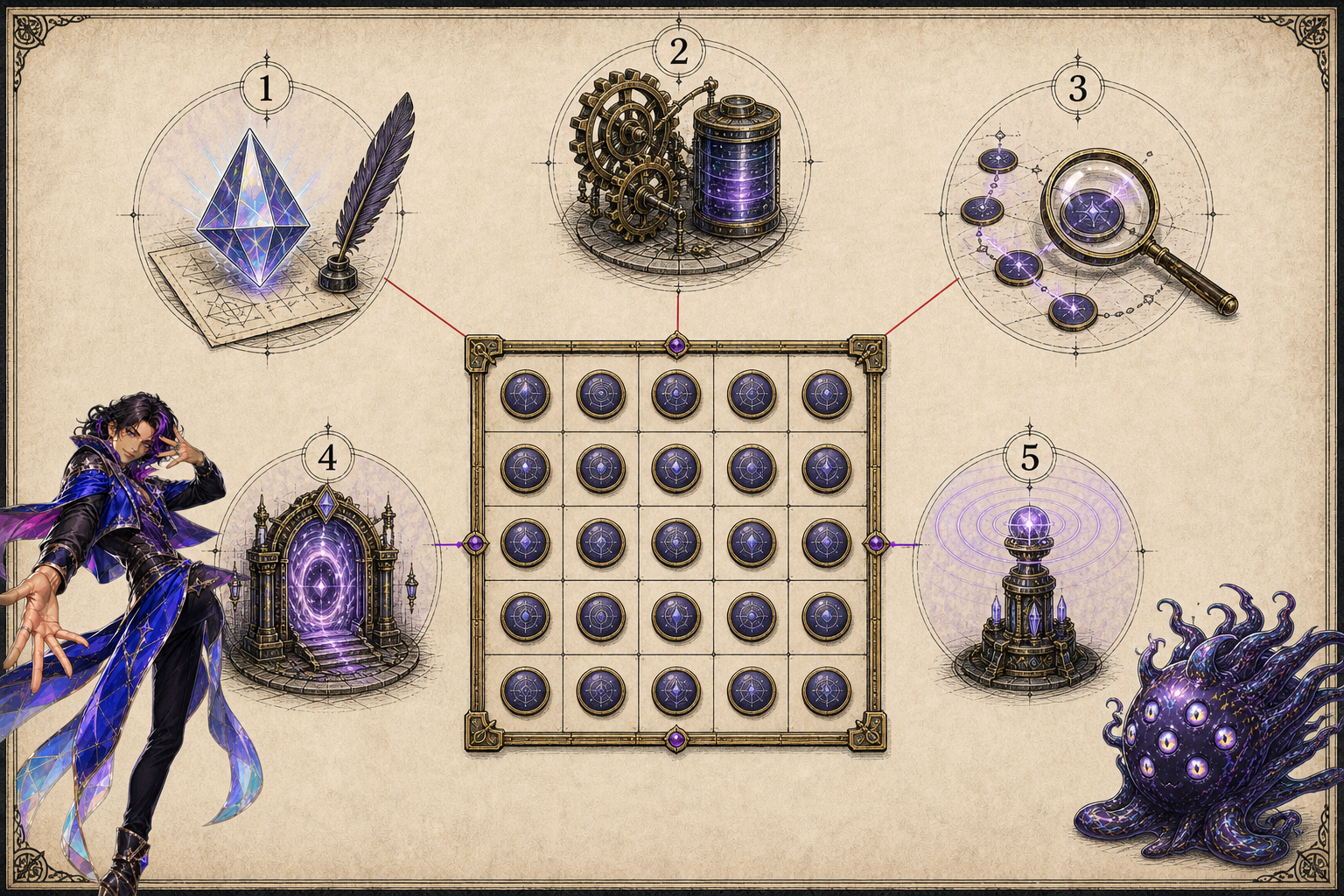 Five-stage bingo-game development plate surrounding an abstract bingo card