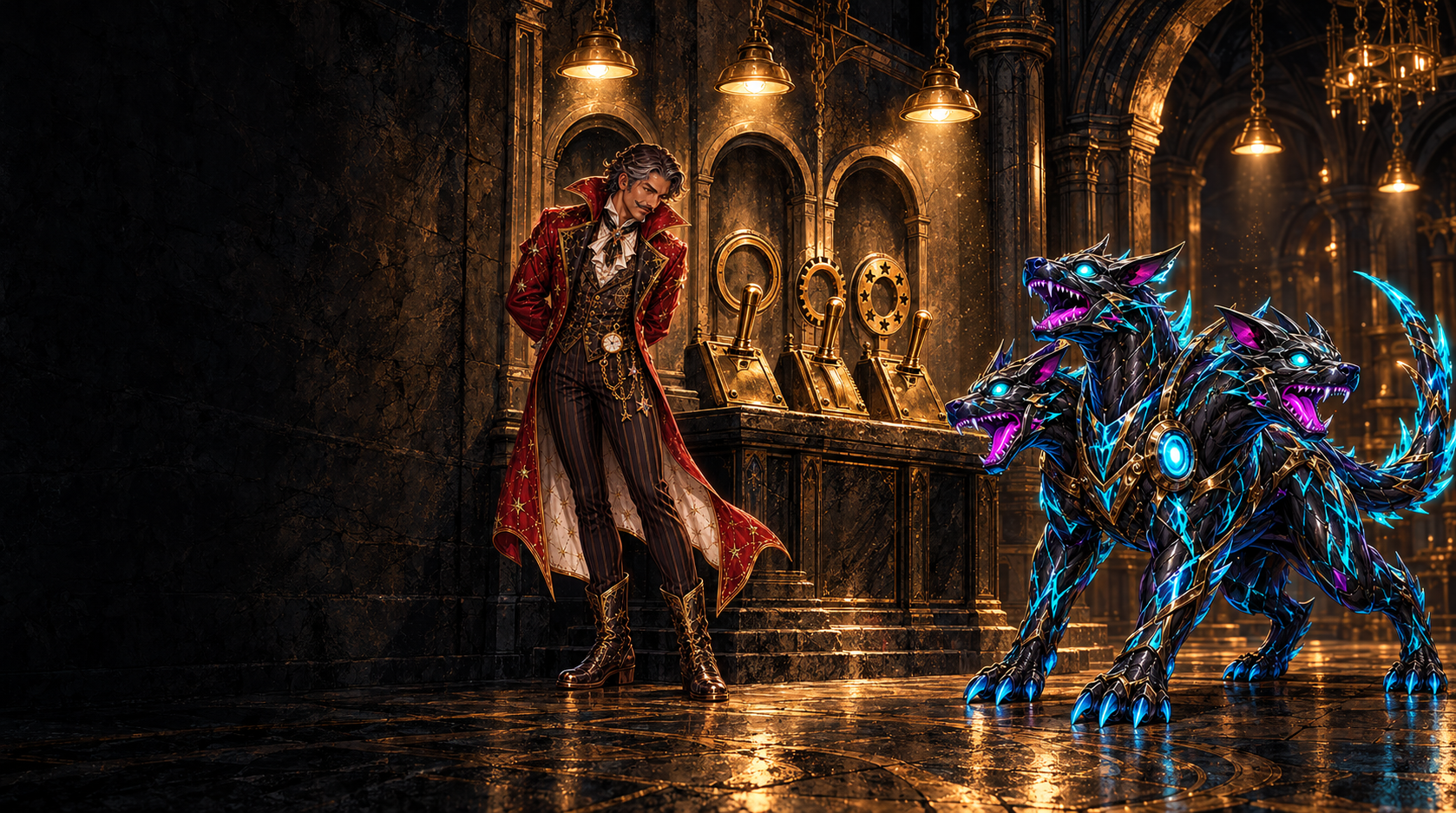The Midnight Ringmaster stands with hands clasped behind his back beside a stone lectern with three separate brass gate-levers; the Nitro Cerberus, a glossy-black three-headed beast with cyan energy veins and a gold chest harness, stands at the right with four legs planted; the left third of the dark hall is plain deep shadow