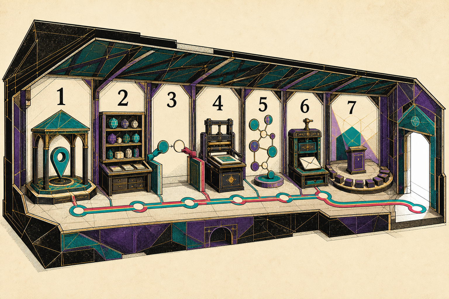 Seven numbered workstations for a business profile, reviews, referrals, publishing, social participation, email and community engagement linked inside one workshop
