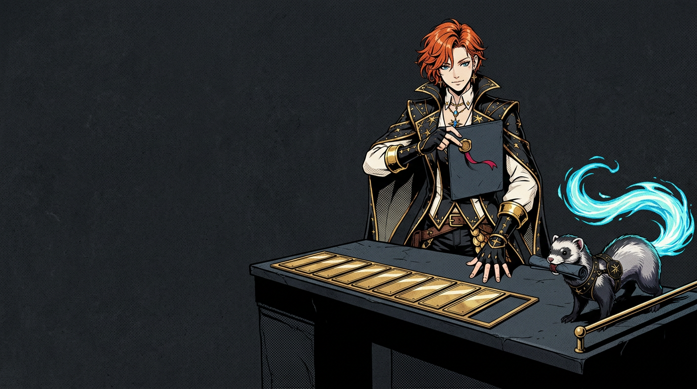 The Gilded Lucksmith, a young man with wavy orange-red hair in a black and gold tailcoat, stands behind a dark stone workbench holding a blank dark slate tablet upright in one hand while the other hand rests open on the bench top; a neat rectangular frame of identical blank brass plates is set flush into the stone with one empty slot at its right end, and in the lower right a small dark-furred ferret with a white face, a black harness and a glowing cyan-blue energy tail holds a rolled dark tube in its jaws; the left third of the scene is quiet, unlit stone