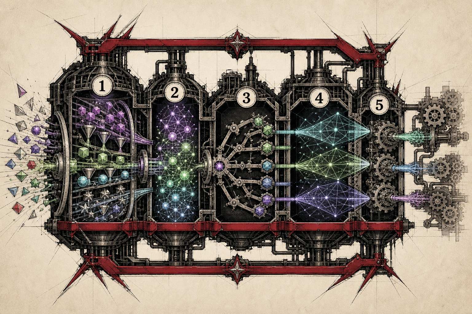 Five-stage AI refinery cutaway with three structural guardrails around the process