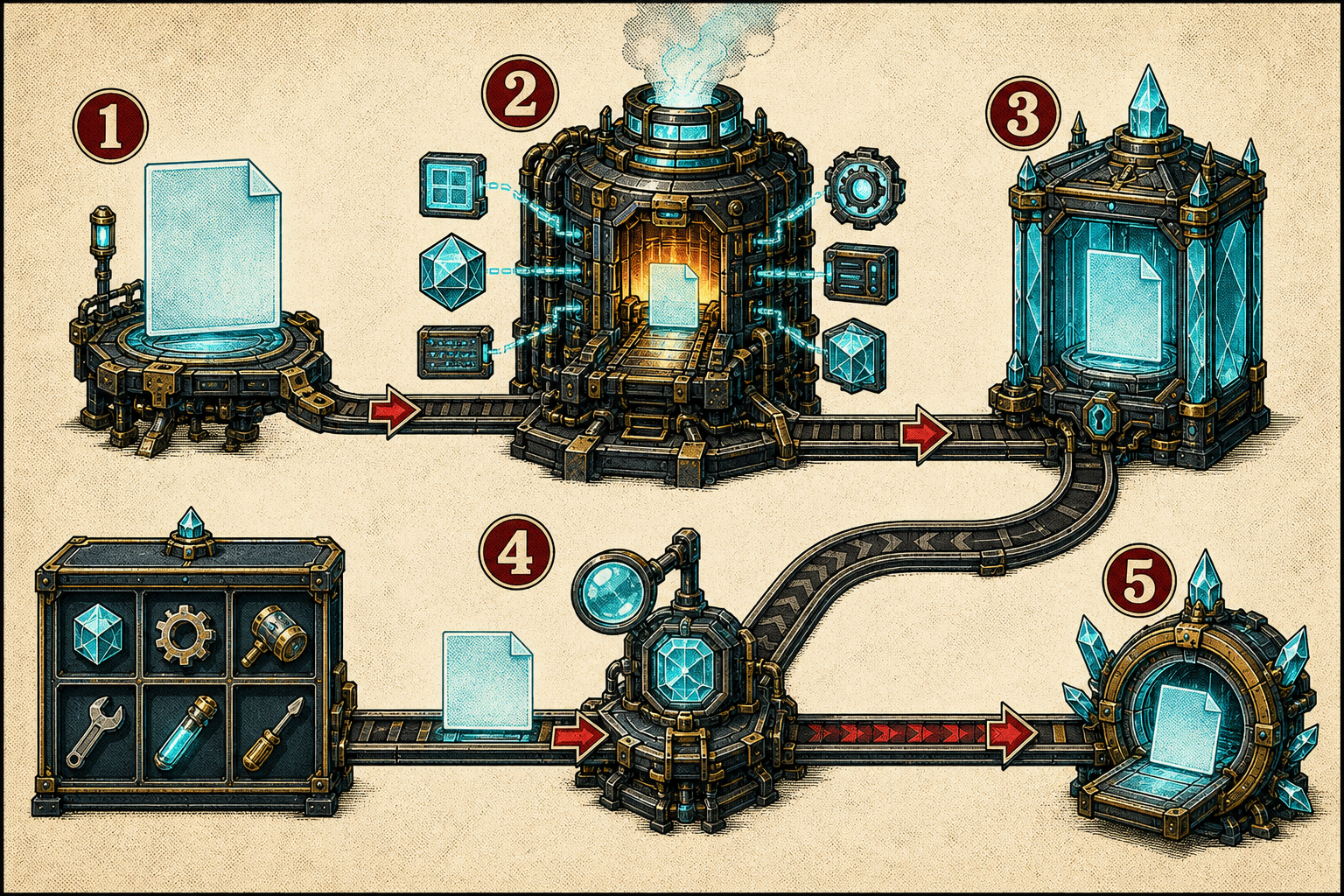 Five numbered cache stations carry a repeated page request toward a faster return route