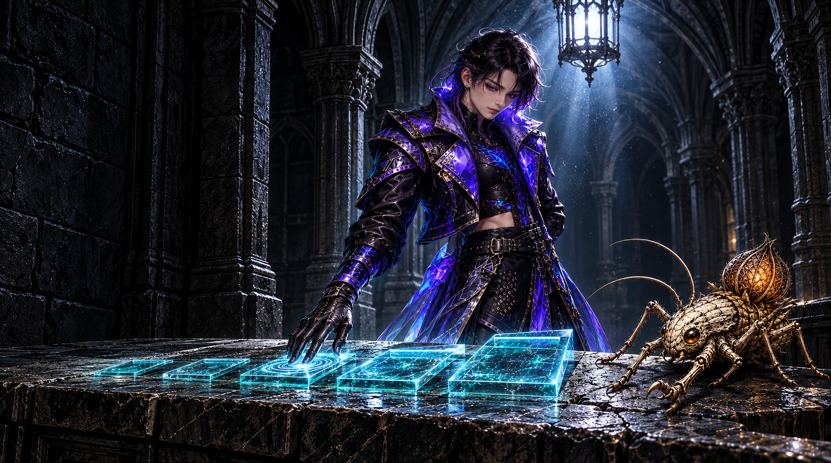 The Cipher Hexrunner stands at a stone workbench tracing the second of five glowing sequential panels arranged in a stair-step row; the Bone Cricket perches at the right edge of the bench; the left third of the dark gothic hall is deep open shadow
