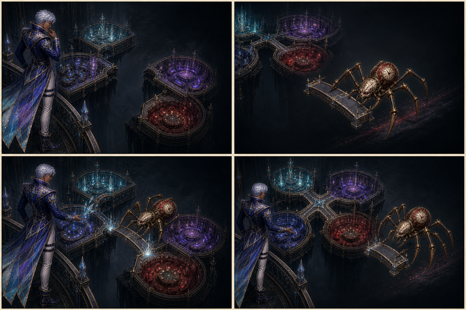 Four-panel comic in which the Frostglass Wizard and Gearspider add a temporary capability bridge to an existing team and remove it after delivery