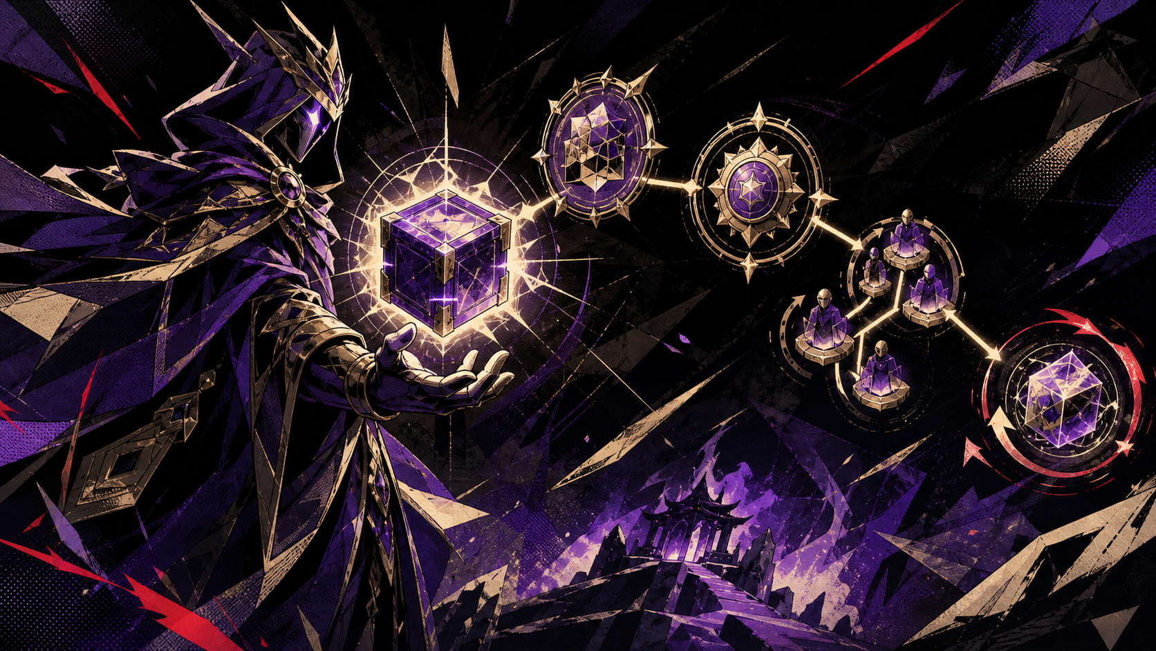 Generated Wizards-style illustration of a game release crossing version, approval, cohort and rollback checkpoints
