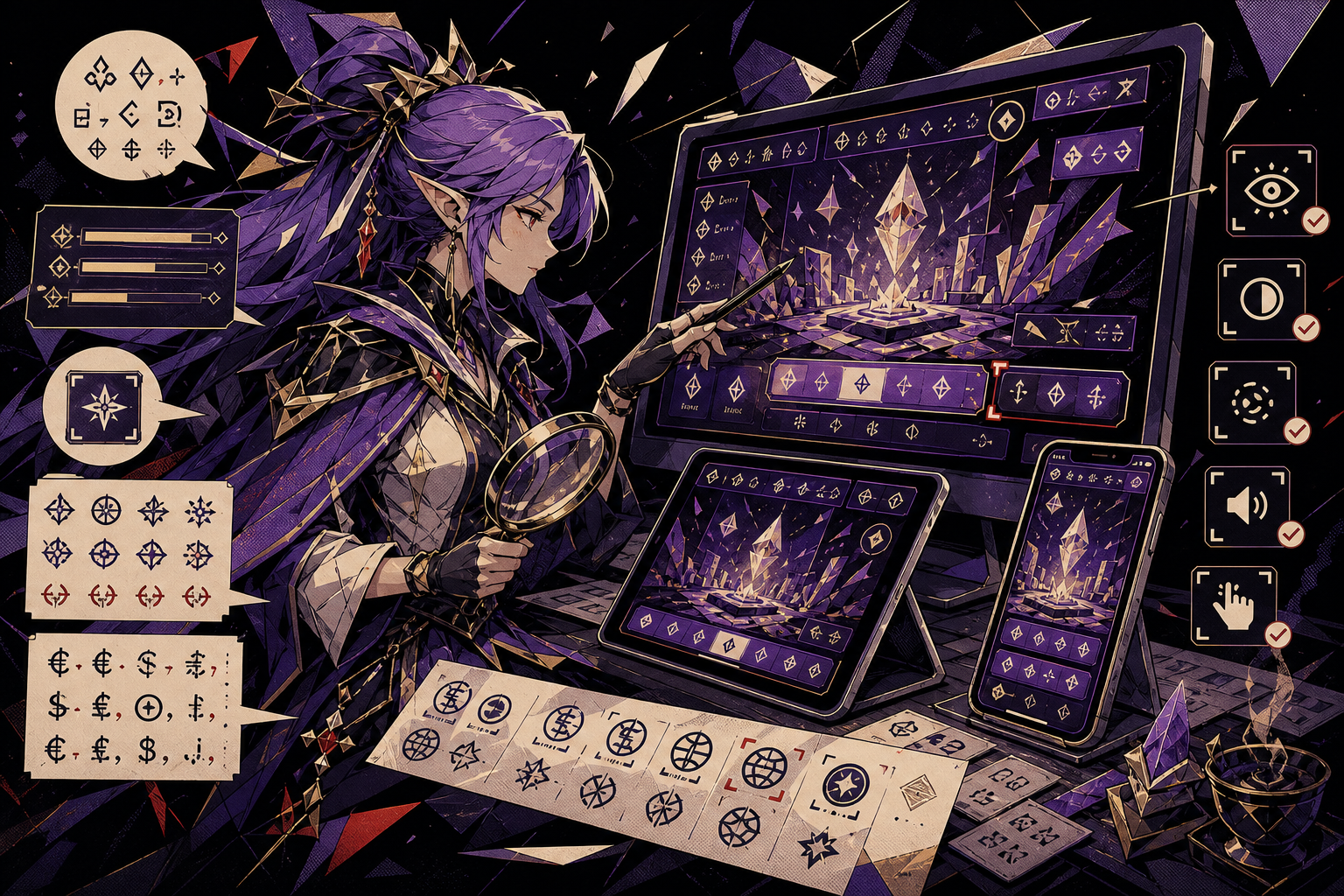 Generated Wizards-style localization lab inspecting expanded controls, currency formatting, font glyphs and mobile layouts