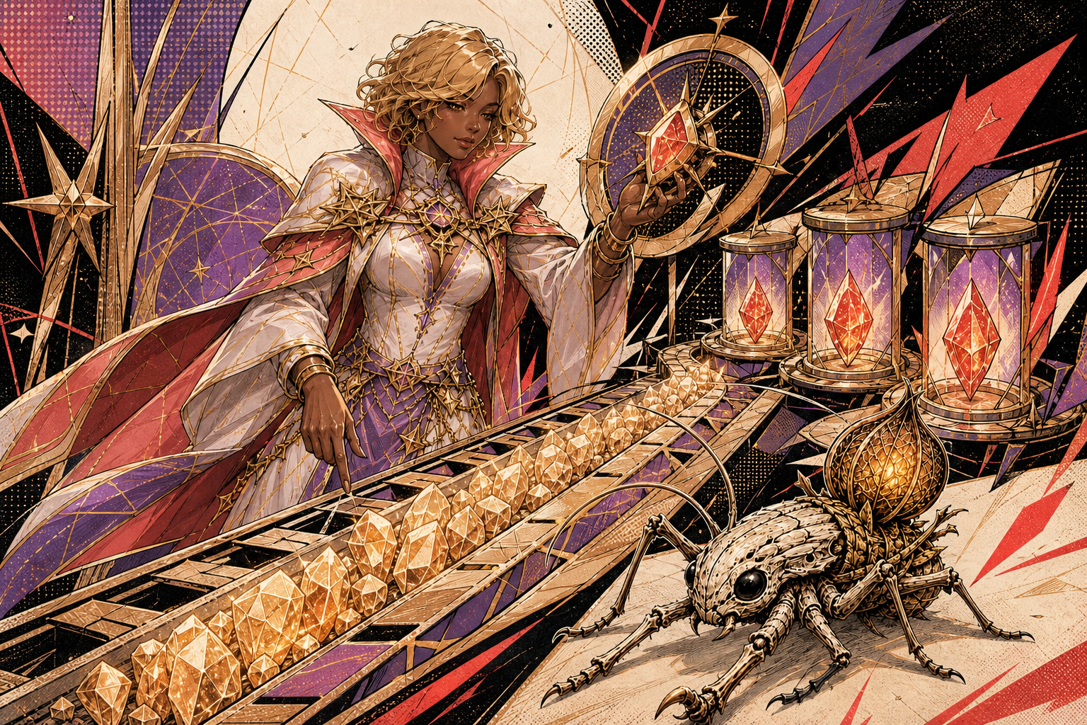 Generated Wizards-style illustration of an oracle and bone cricket inspecting common and rare outcome paths on a probability workbench