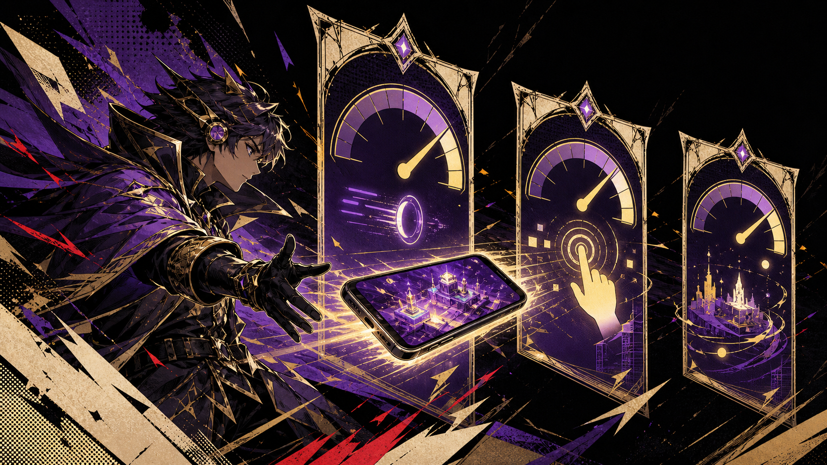 Generated Wizards-style illustration of a mobile game runner passing through load, response and sustained-play performance gates