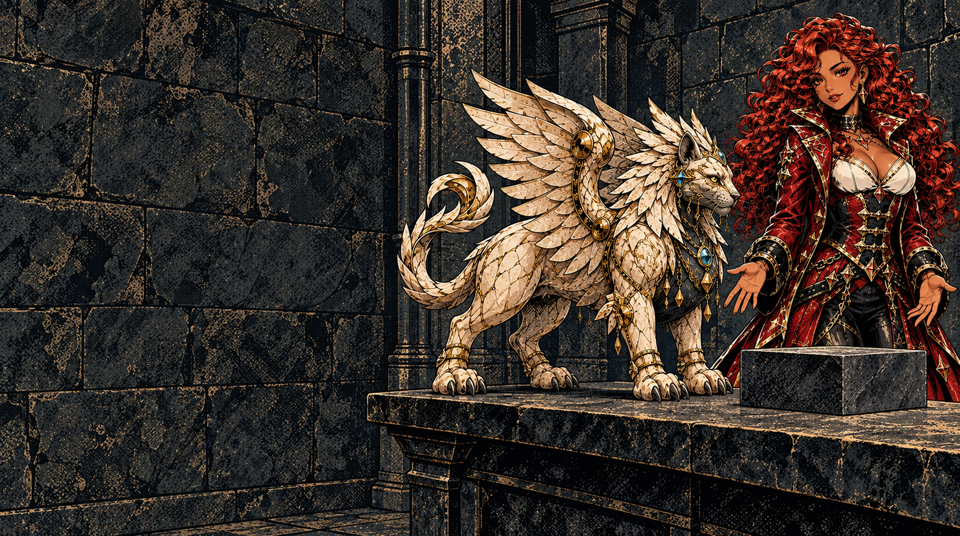 The Gameforge Witch, a woman with voluminous auburn curls in a long crimson coat with gold star trim over a white corset top and black leggings, stands behind a plain stone workbench with both hands open and empty above a smooth unmarked dark block; beside her a pale cream stone feline guardian with gold-veined cracks, a dark chest plate, a blue gem, two spread feathered wings, four legs and one curled tail stands in profile; the left third of the scene is quiet dark stone