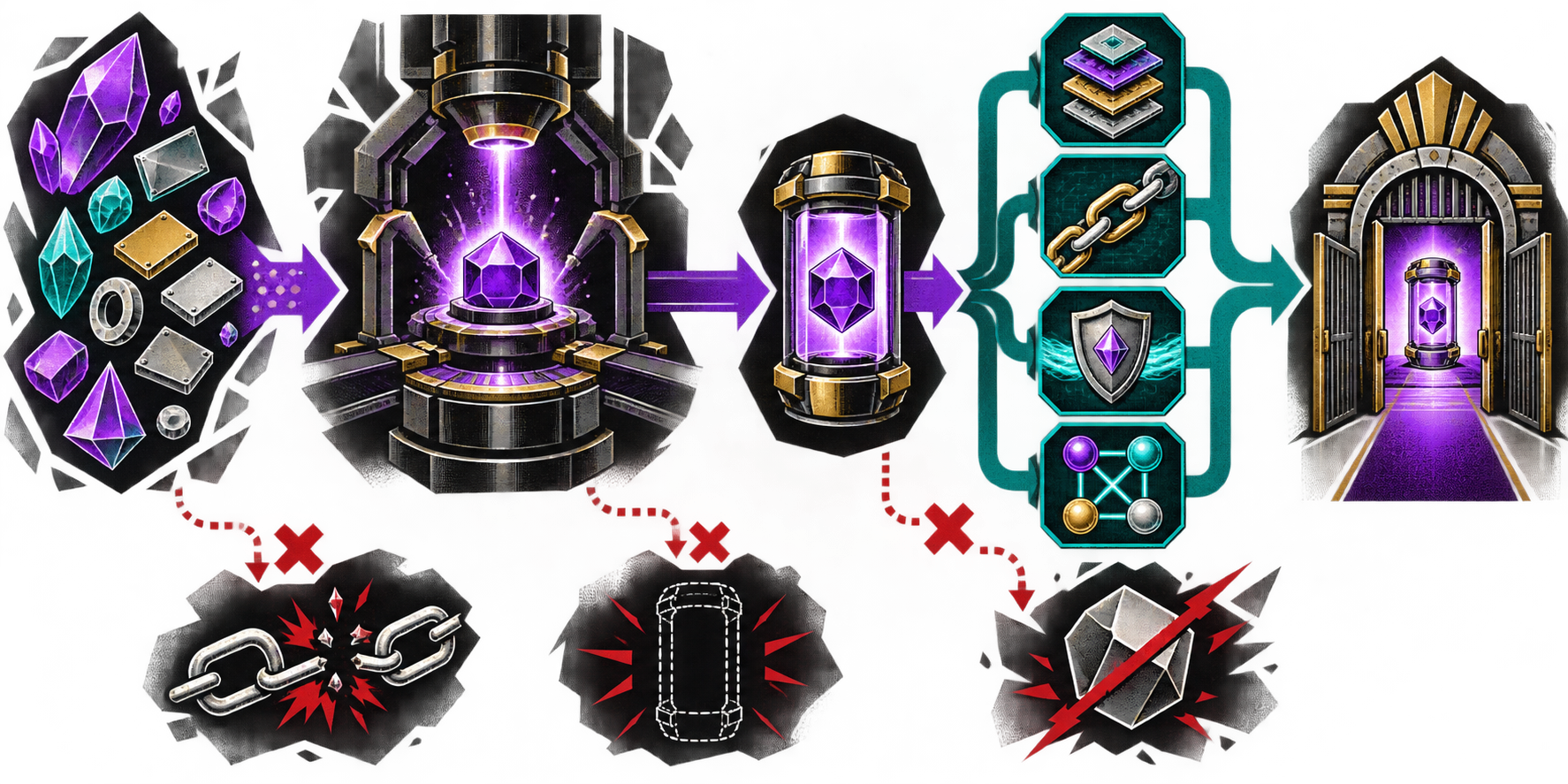 Generated text-free diagram connecting source, build, exact game artifact, evidence bundle and acceptance gate