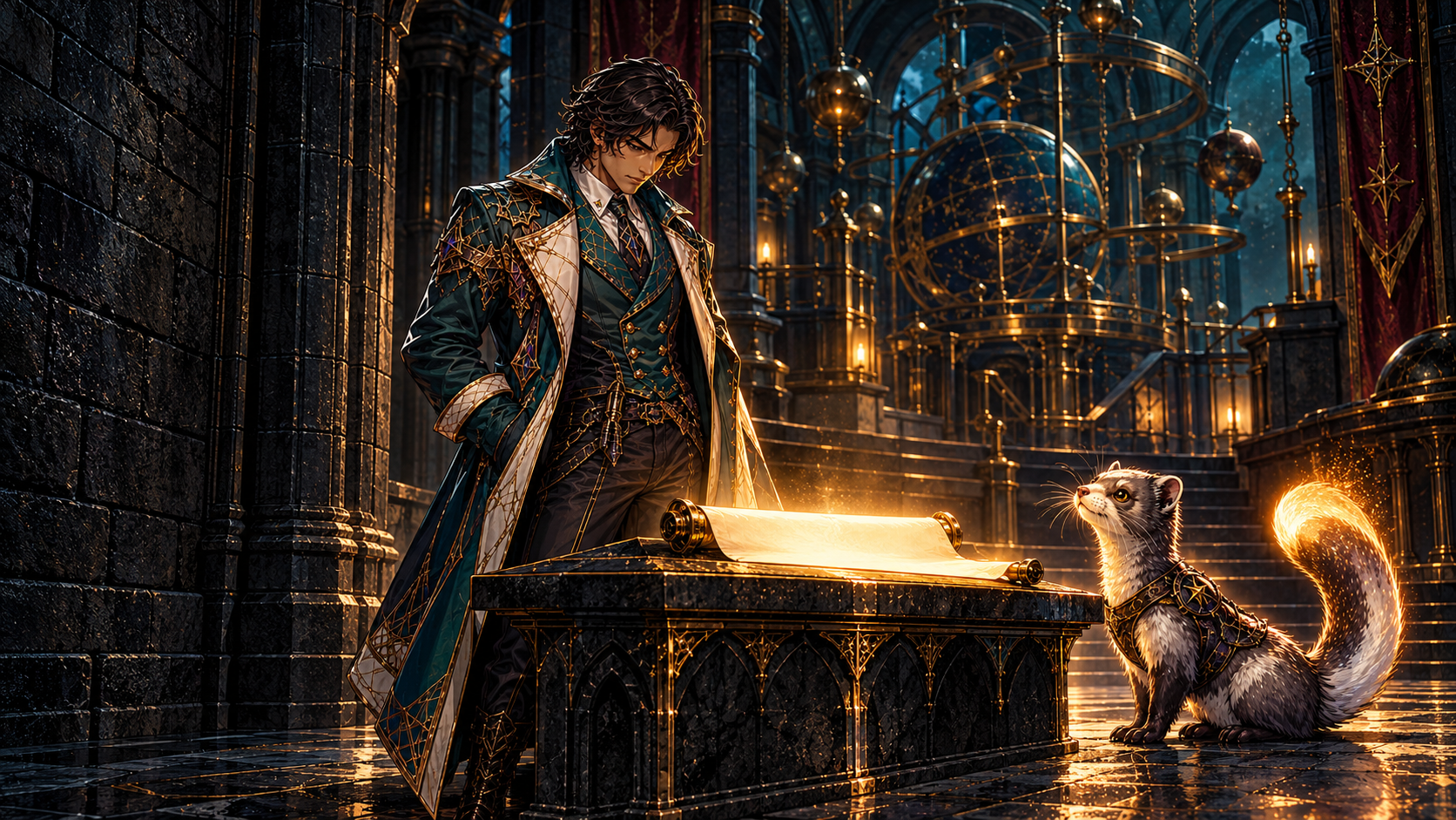 The Rune Architect stands beside a stone table with a blank glowing parchment scroll; the Comet Ferret sits attentive on the stone floor to the right, tail tip glowing amber; a grand gothic stone hall with deep teal and gold lighting