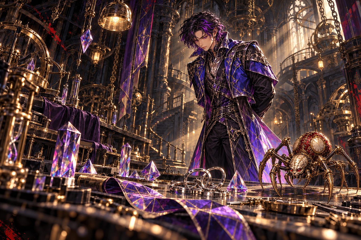 An illusionist in a violet coat stands beside unmarked components on a workshop table beside a brass mechanical spider.
