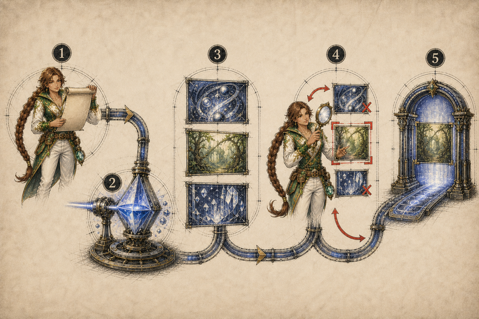 Five-stage human-led AI art process moving from a written brief through generation and curation to a selected visual