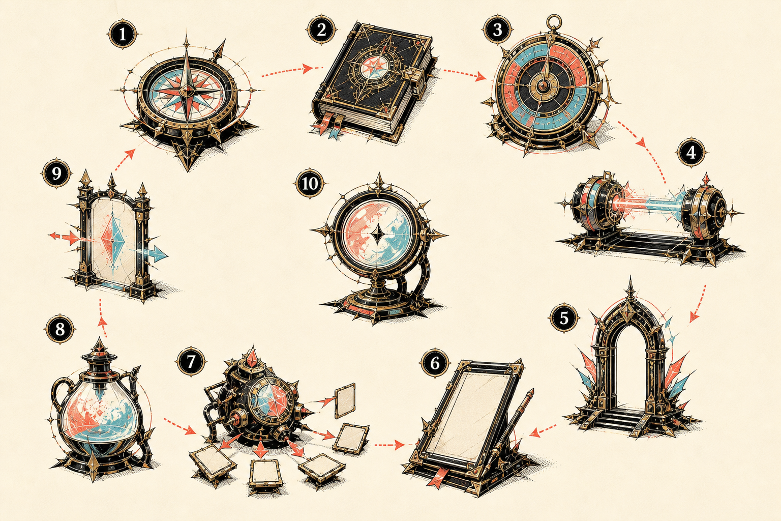 Ten numbered fantasy-industrial instruments forming a loop for strategy, production, distribution, conversion and measurement