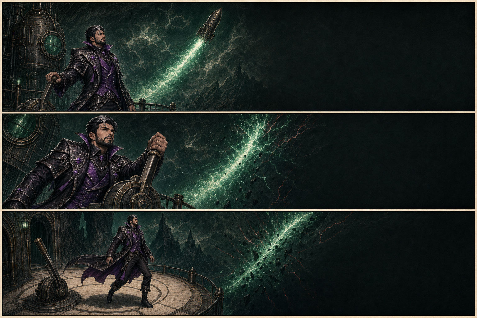 Three-panel crash-game comic in which the Nightfall Warden watches a rocket rise, grips the exit lever and leaves before the flight path breaks
