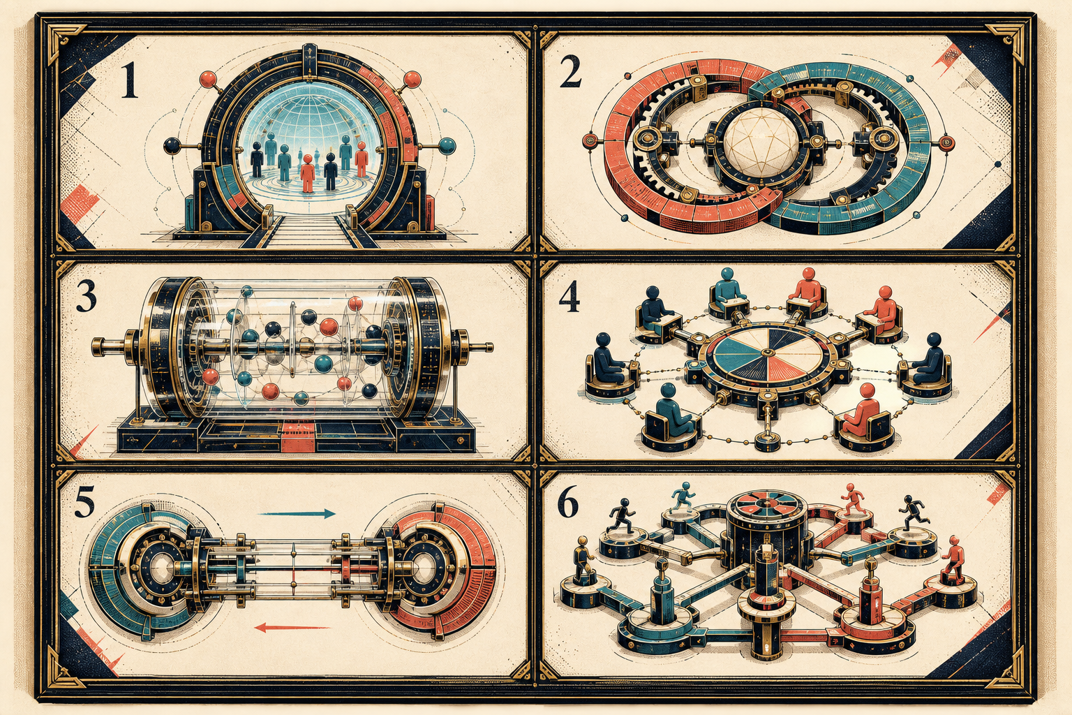 Six-compartment reference cabinet for the mechanisms discussed in the crypto casino article