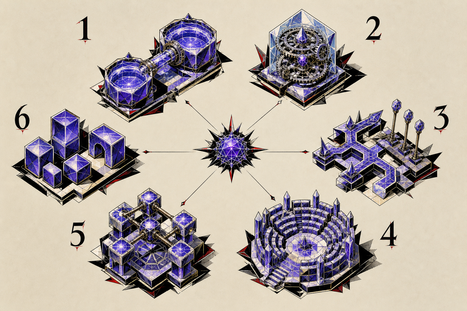 Exploded isometric prism separating six responsibilities inside a modern crypto casino platform
