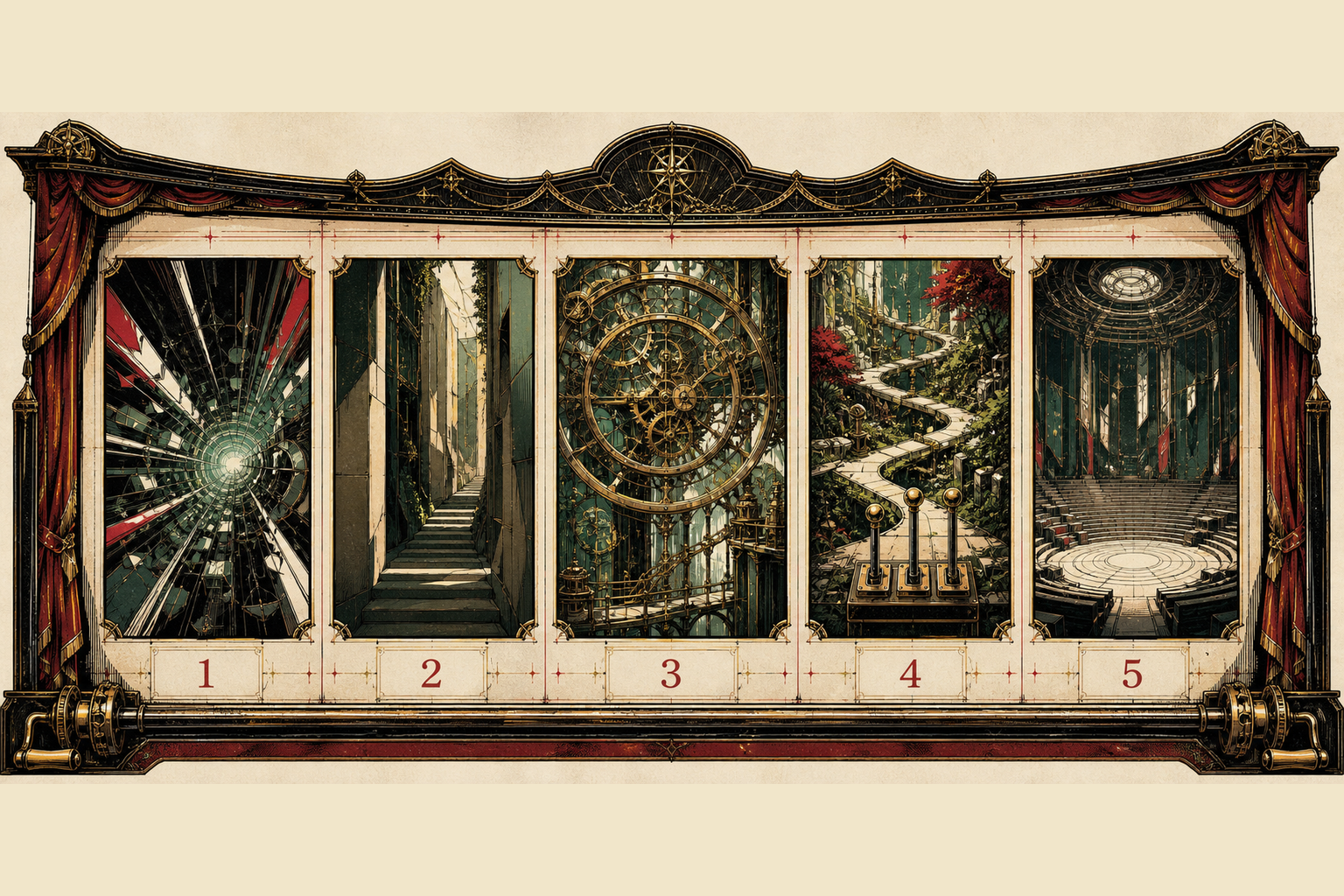 Continuous Picture House panorama presenting five changes to the crypto casino experience in equal windows