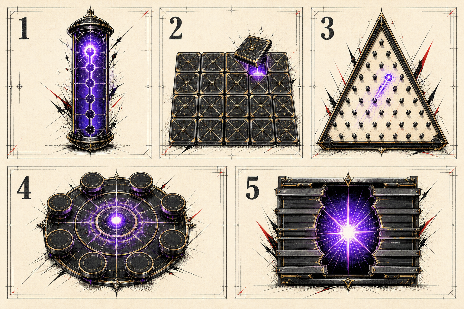 Five-part illustrated field guide of abstract current crypto-game mechanisms