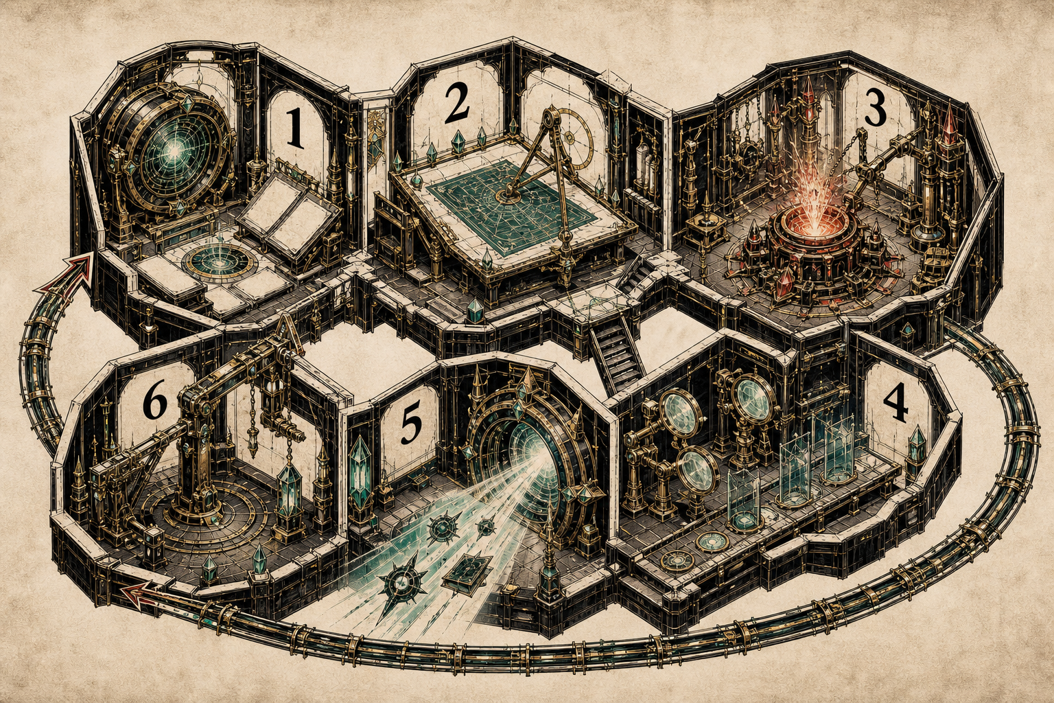 Six-bay game atelier cutaway connecting the stages of custom casino game development