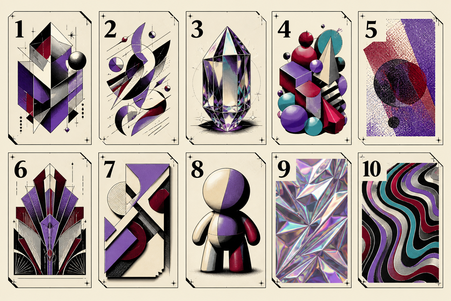 Ten numbered material specimens summarising the graphic-design treatments discussed in the article
