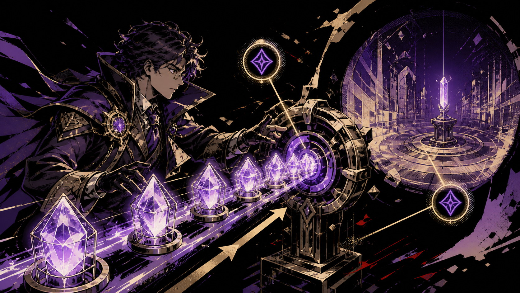 Generated Wizards-style illustration of an investigator guiding a sealed event timeline through a replay engine to a matching final game state