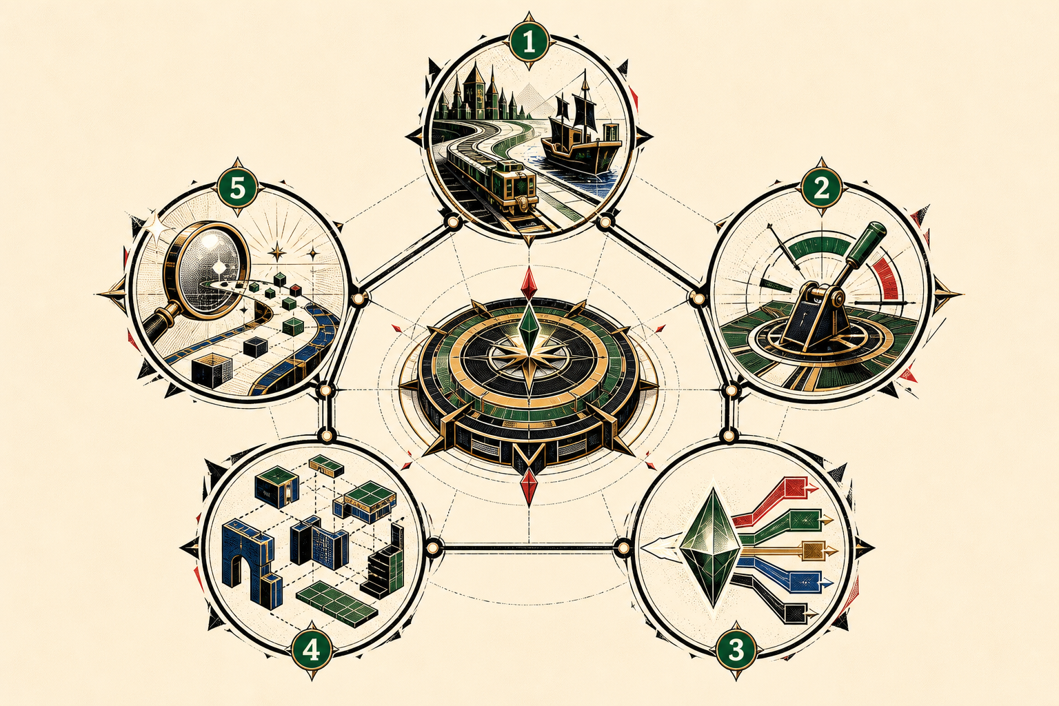 Conceptual constellation infographic linking five equally weighted systems to one adaptable gaming platform core