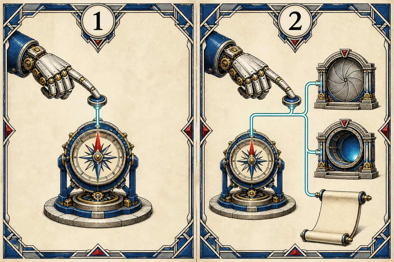 Two-part comparison showing a feedback actuator that still works and the same signal branching to a shuttered public aperture, an open private aperture and a blank comment scroll