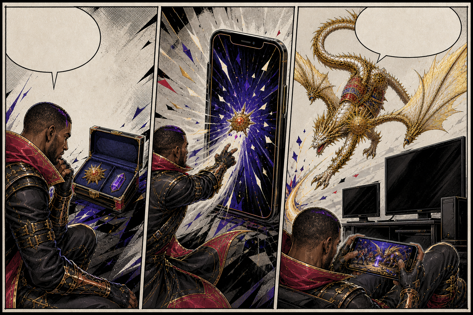 Rift Brawler and Solar Wyvern test a three-panel route from a small game catalogue through a download door to mobile play