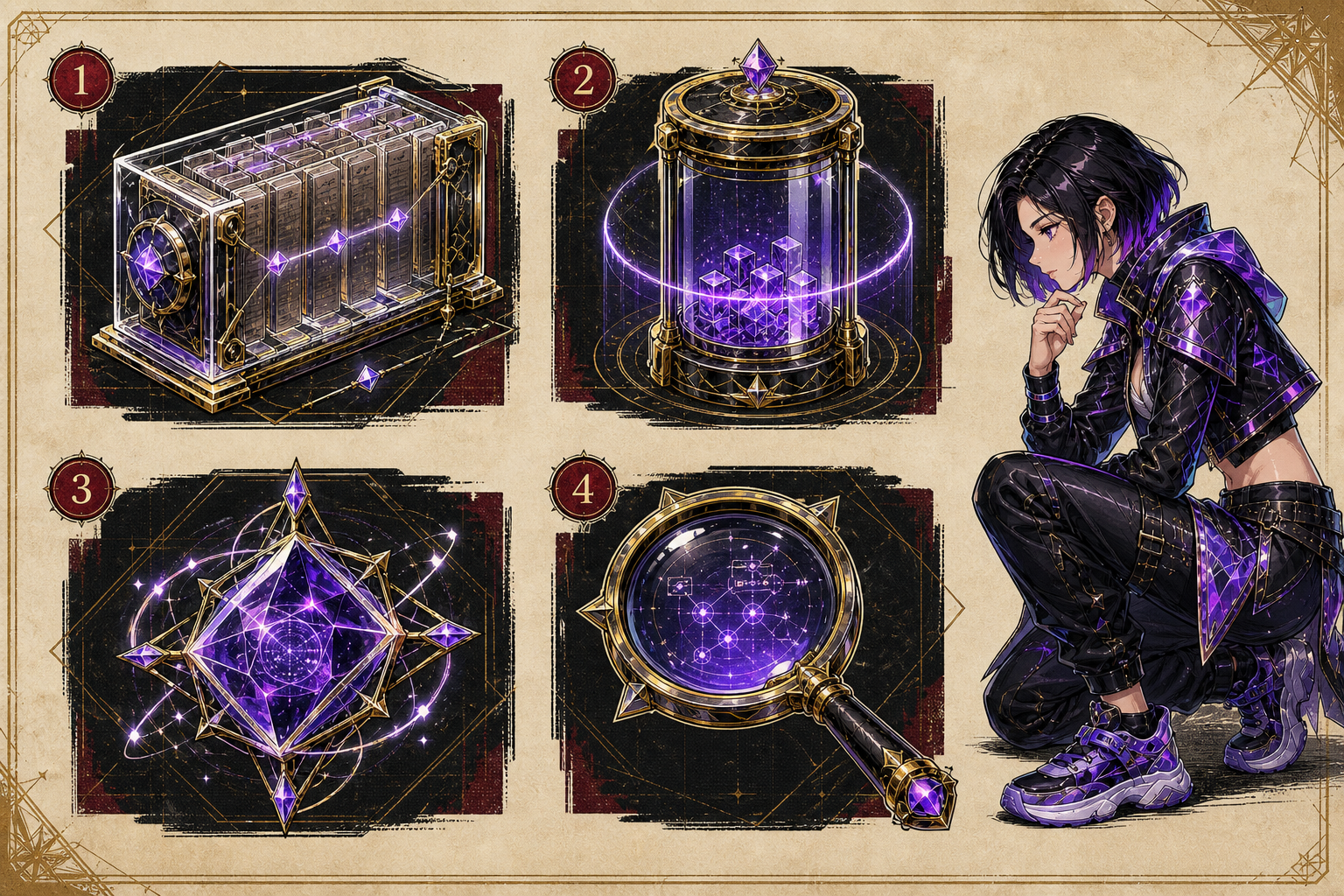 Illustrated standards dossier containing a transparent game record, segregated reserve vessel, eligibility token and independent audit lens