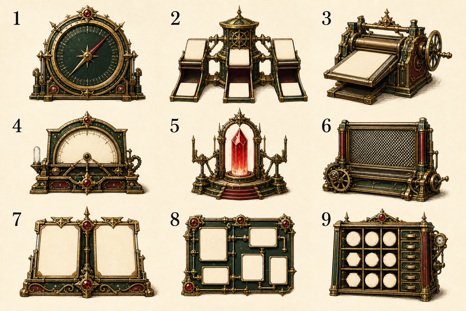 Nine numbered email-service instruments are arranged in three rows for benefits, buying checks and product capabilities