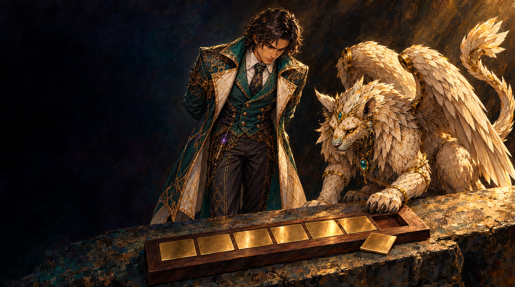 The Rune Architect, a lean man in a deep emerald-green tailored overcoat with gold filigree, a white collared shirt and dark cravat, stands at the right of a worn flagstone bench and looks down at a long walnut inspection frame holding seven square recesses in one row; six hold plain polished brass tiles set flush and one polished brass tile lies loose on the near rail beside the last empty recess; the Footnote Sphinx, a cream and ivory feline-headed griffin with two folded feathered wings and a gold headpiece set with a teal gem, crouches at the far right end with one forepaw on the corner of the frame; the left third of the dark stone workshop is deep open shadow
