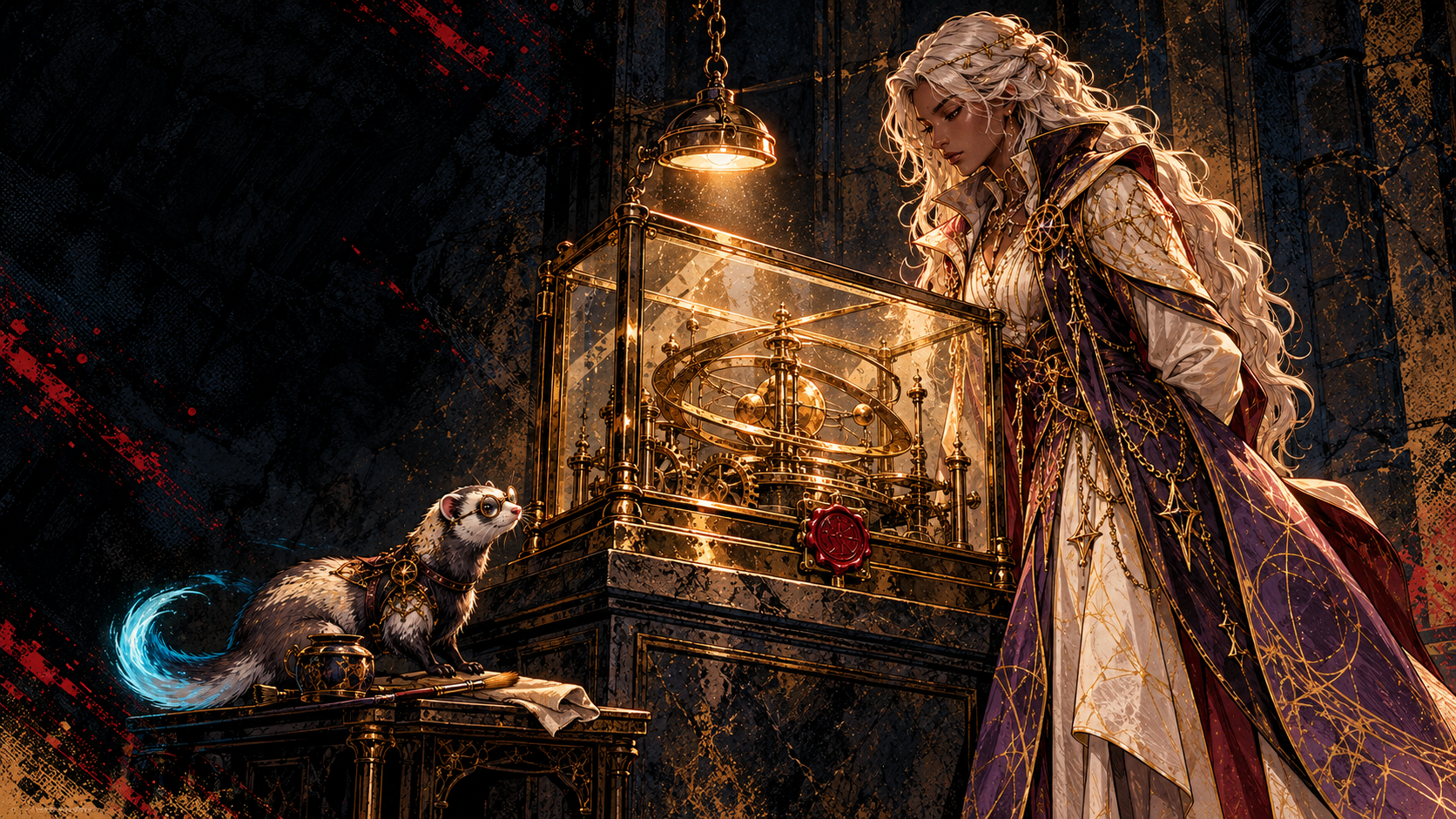 The Dawnlight Oracle, silver-haired in pale-gold and deep-indigo robes with a gold circlet, stands at the right beside a rectangular glass-and-brass display case containing a fixed brass orrery and marked with a crimson wax seal; a cream-and-charcoal comet-ferret with small brass spectacles rests on a low table at the left beside an open book and a fine brush; the background is deep shadow