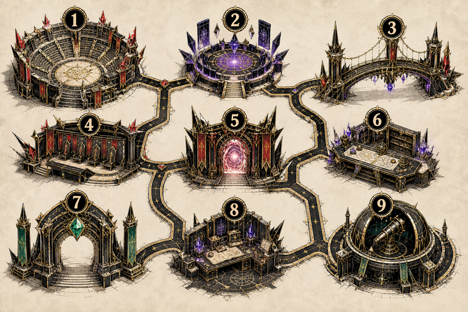 Nine numbered routes radiate between an esports arena, audience sectors, streaming stages and campaign instruments