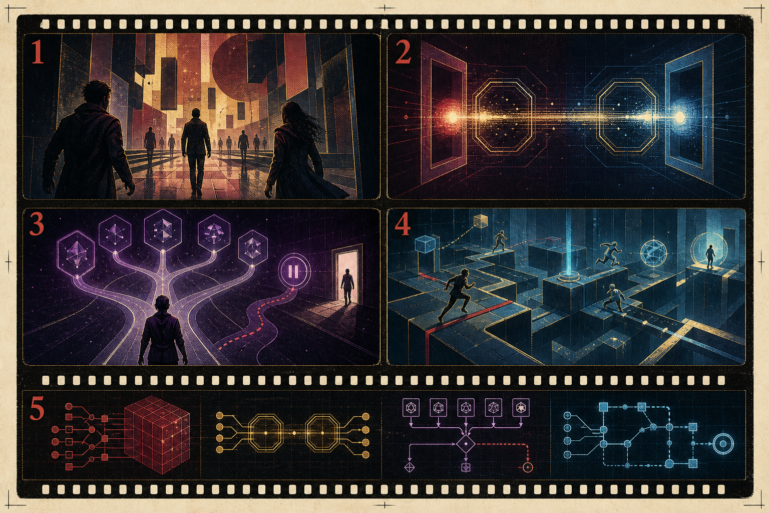 Fictional film contact sheet with four product-direction frames above one inspectable foundation strip
