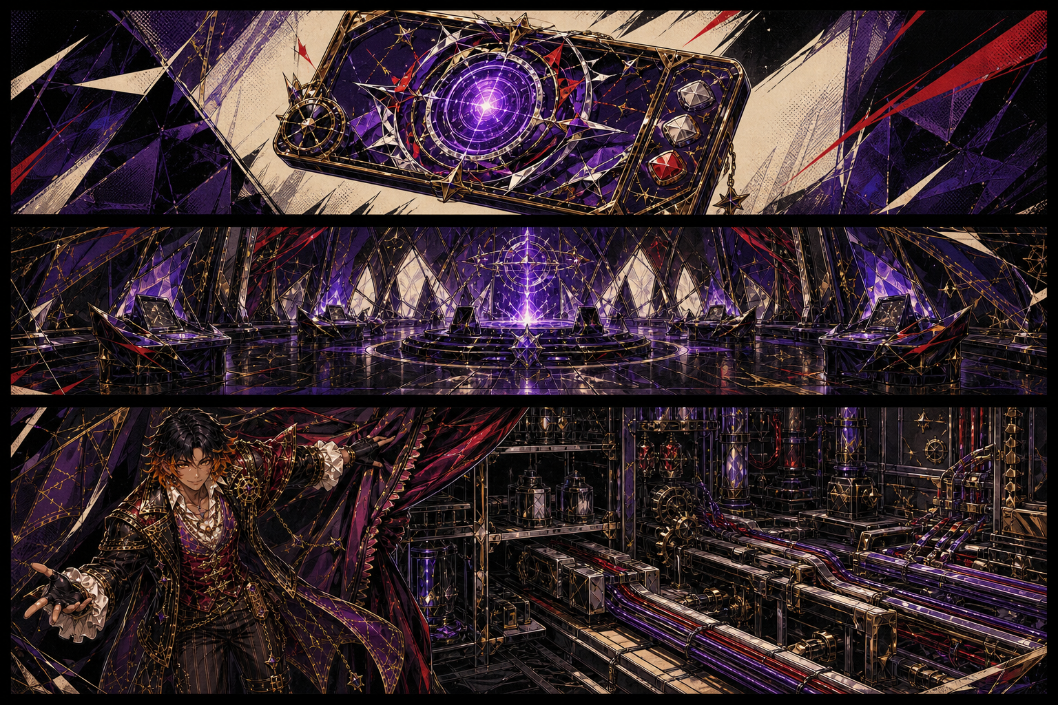 Three-panel wordless comic moving from a mobile play threshold to an immersive room and the modular systems behind both