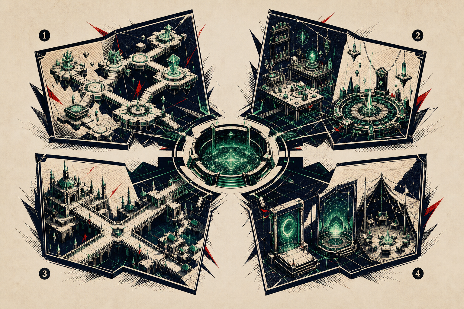 Four-part educational foldout connecting distinct systems to one player-session threshold