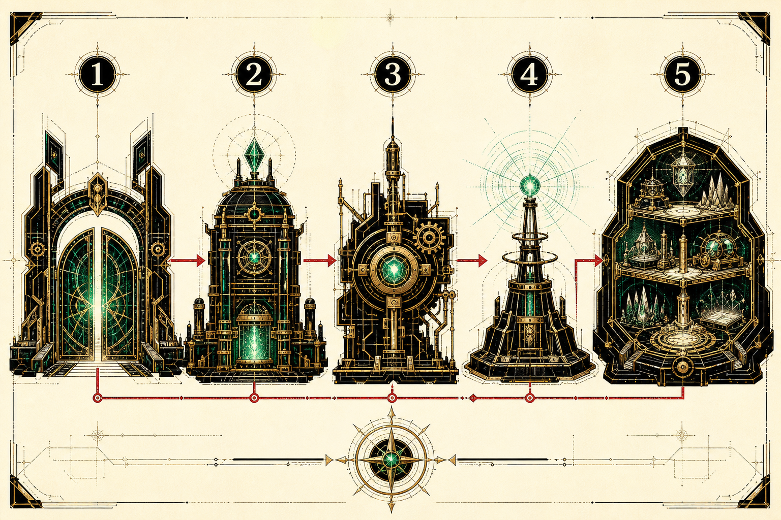 Five numbered fantasy-industrial key mechanisms linked as one dependent gambling-site plan