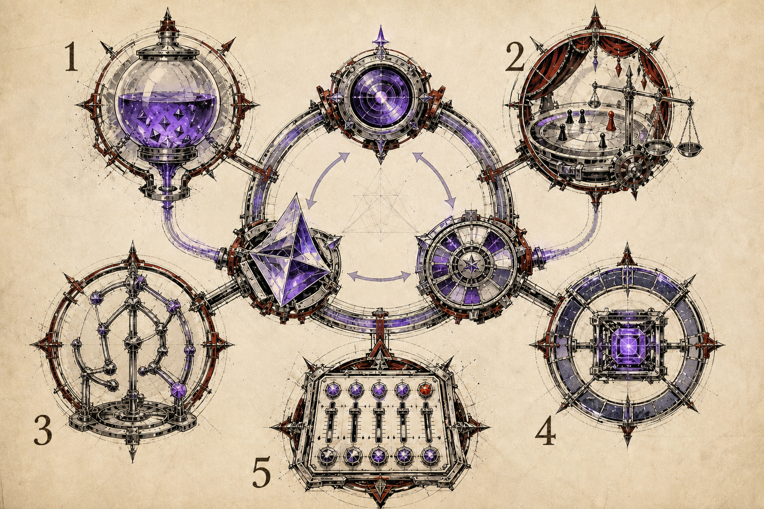 Five-chamber cutaway showing the constraints around a game AI decision loop