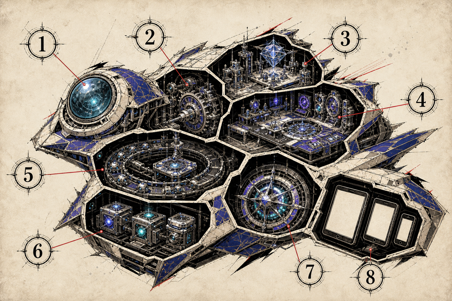 Annotated game-production vessel connecting eight responsibilities in online casino game development