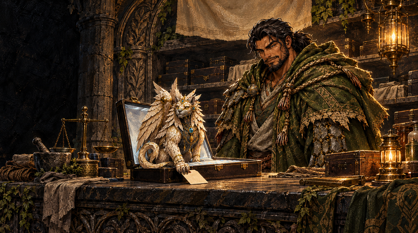 A bearded keeper in a moss-green cloak with gold trim and carved stone shoulder pieces stands behind a heavy carved stone counter with both arms hidden under his cloak so that no hands are visible, looking down at a plain dark case lying open on the counter; a small pale winged feline sphinx with two eyes, a feathered mane, folded wings, a curling tail and a blue gem in a gold pendant on its chest rests its front paws on the edge of the open case beside a small blank cream tag, with plain unlabelled boxes and bundled cloth on the shelves behind, a brass scale, a mortar and a brass lamp on the counter, ivy on the shadowed stone wall, and the far left of the frame kept as quiet dark stone