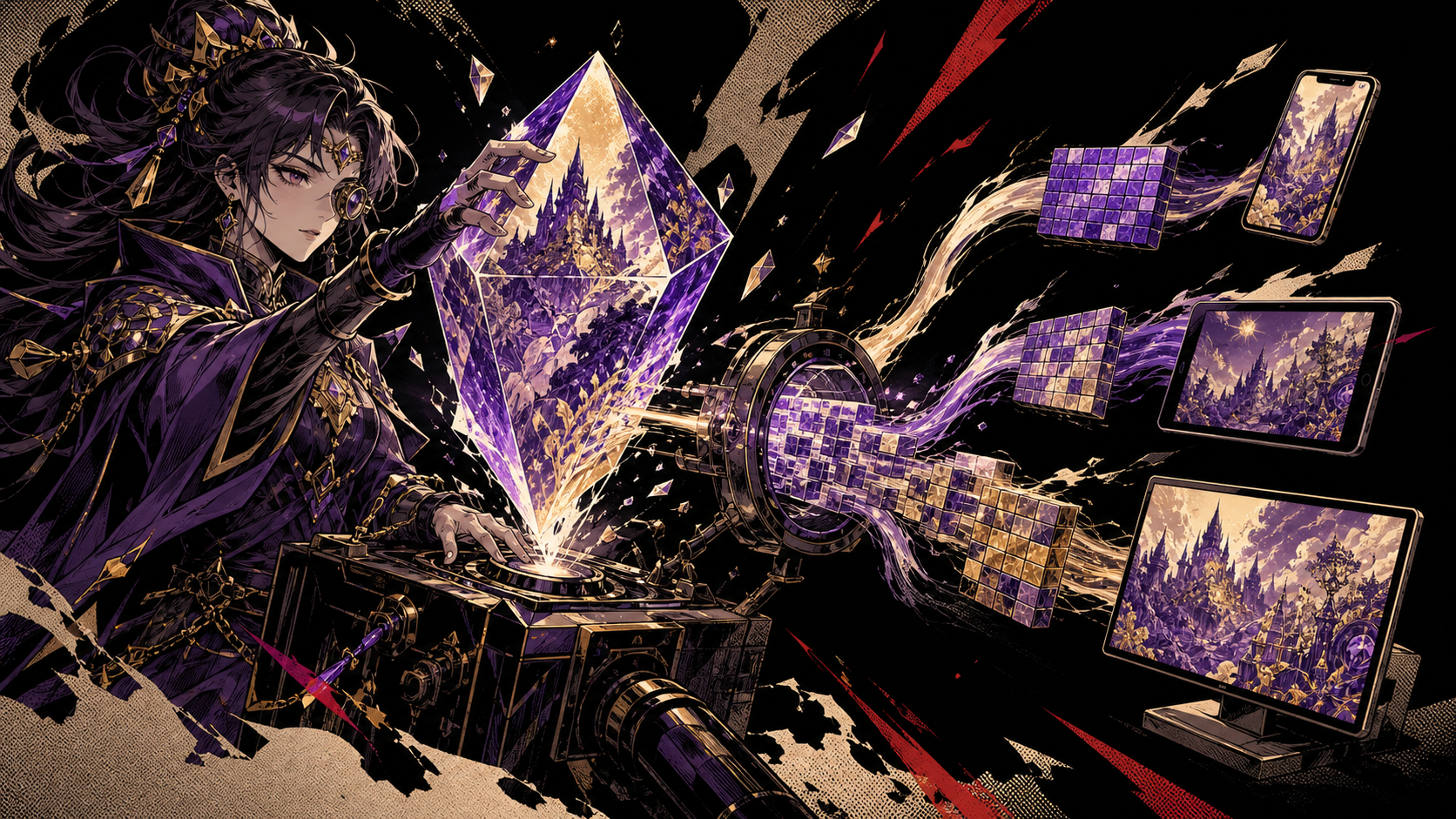 Generated Wizards-style illustration of one master game texture passing through a transcoder into several phone, tablet and desktop GPUs