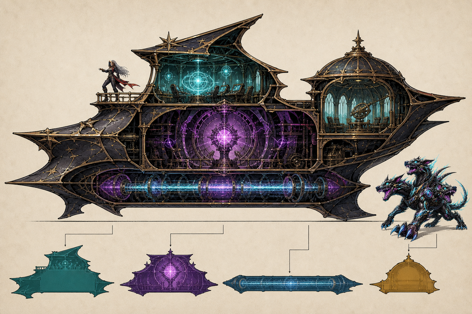 Cutaway blueprint of a hybrid gaming vessel with separate execution, proof, settlement and oversight zones