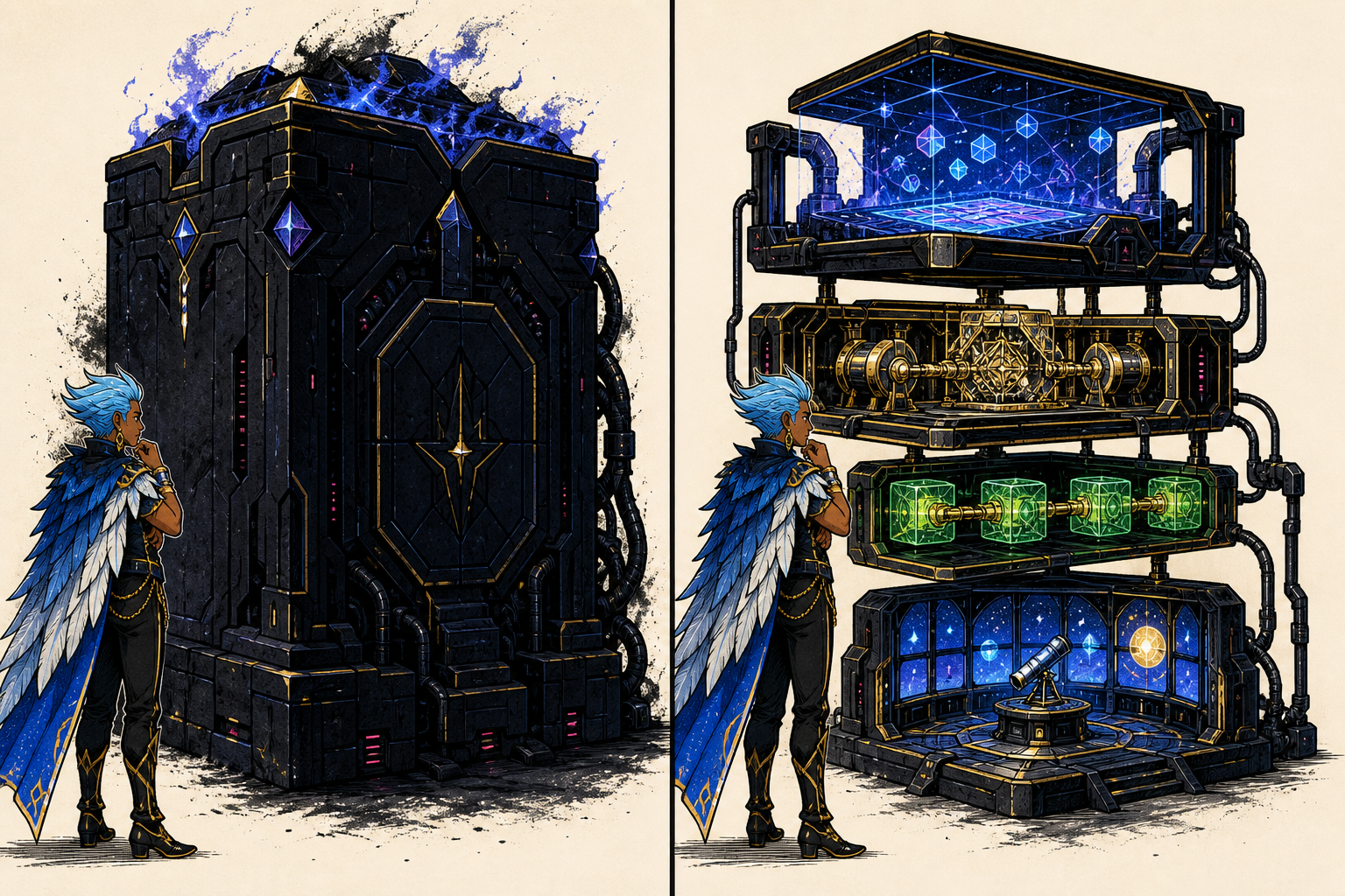 Equal comparison of an opaque monolithic gaming system and an inspectable hybrid platform