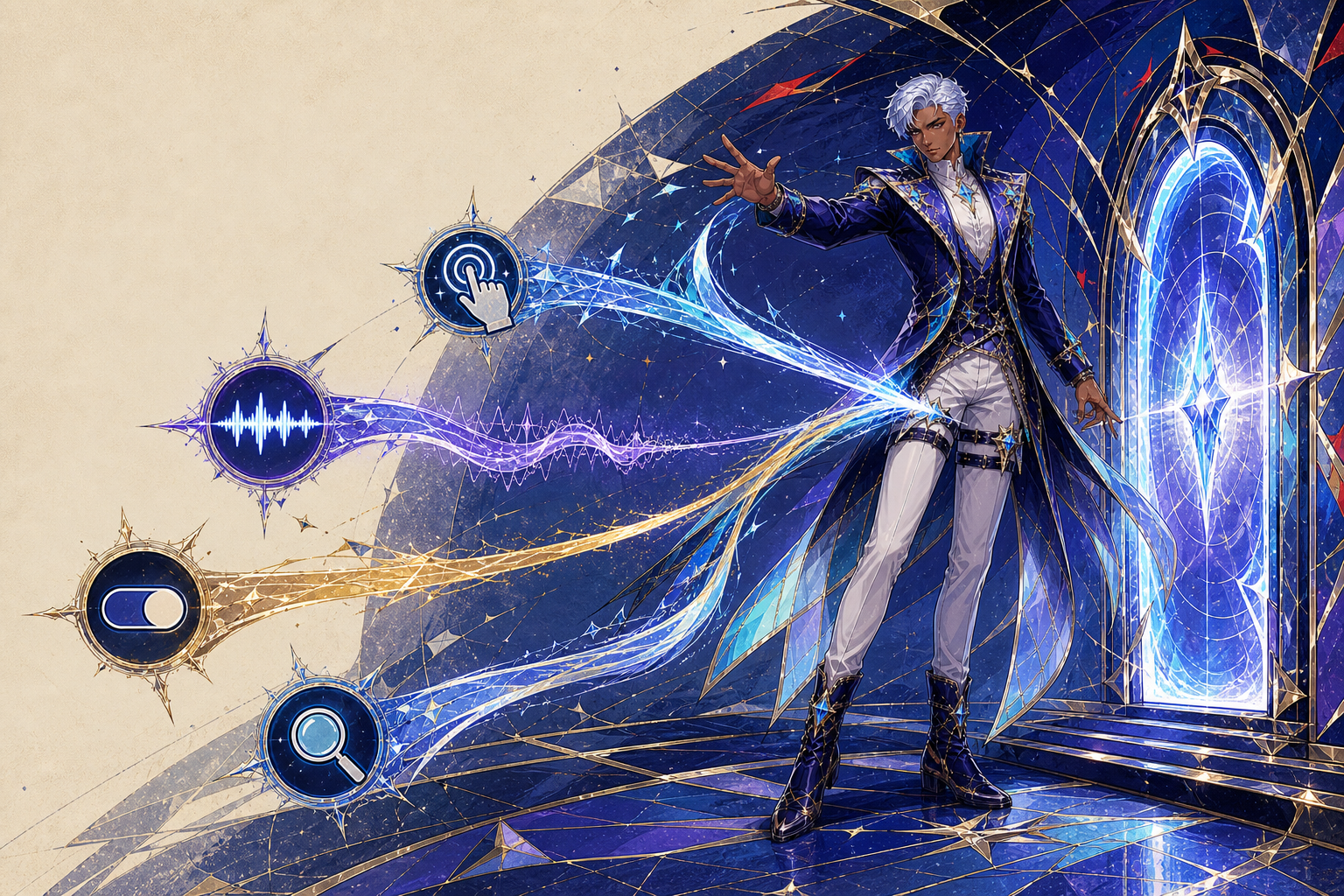 Generated Wizards-style illustration of several accessible input paths converging on one complete iGaming app journey